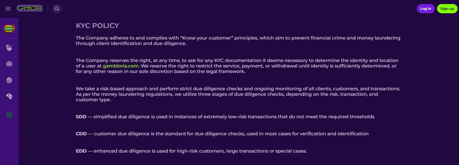 Gambloria KYC policy and identity-verification interface