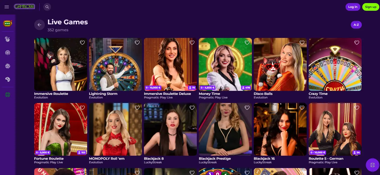 Gambloria live casino lobby with dealer tables and live game categories