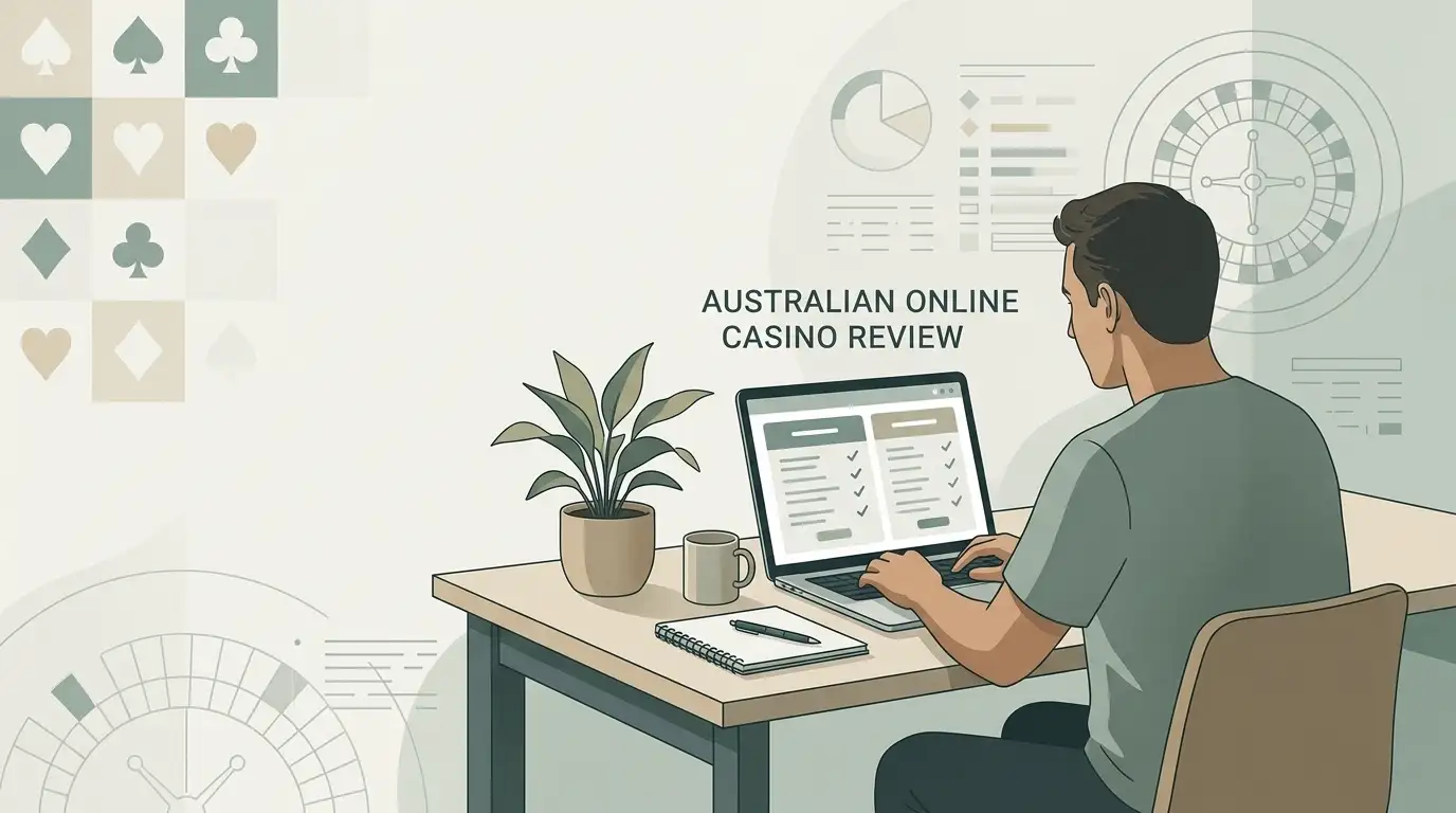 Editorial illustration of an Australian reader comparing online casino information on a laptop
