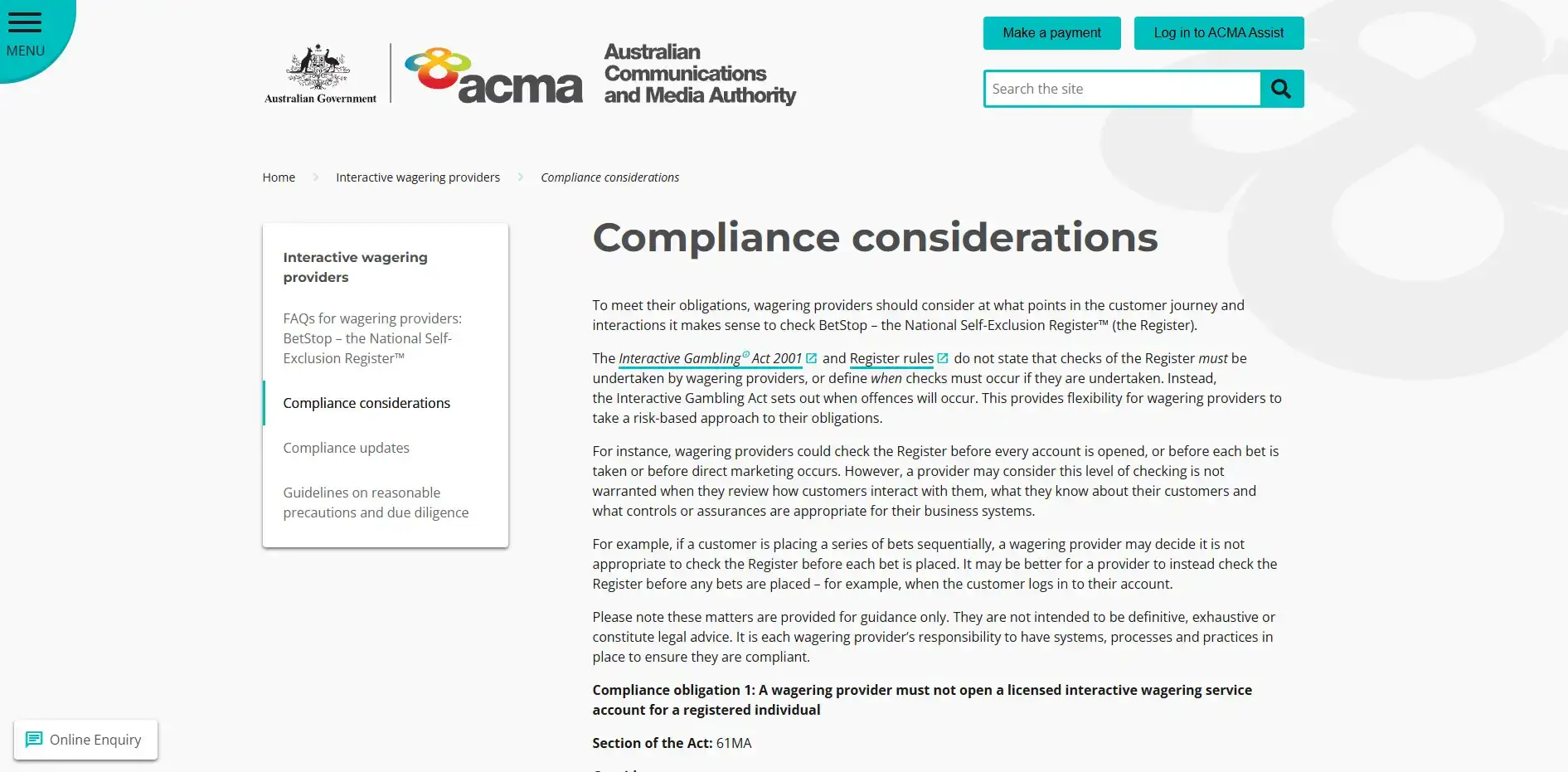 ACMA gambling provider register and legal guidance